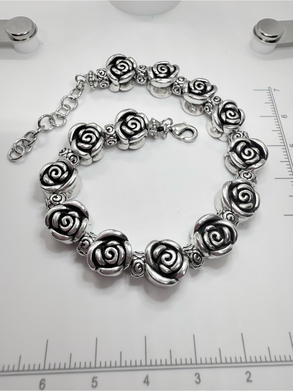 Vintage Silver Tone Oxidized Rose Flower Link Statement Bracelet